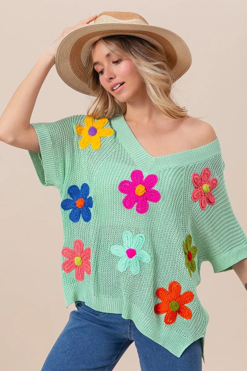 BiBi Flower Patches Dolman Sleeve Lightweight Sweater