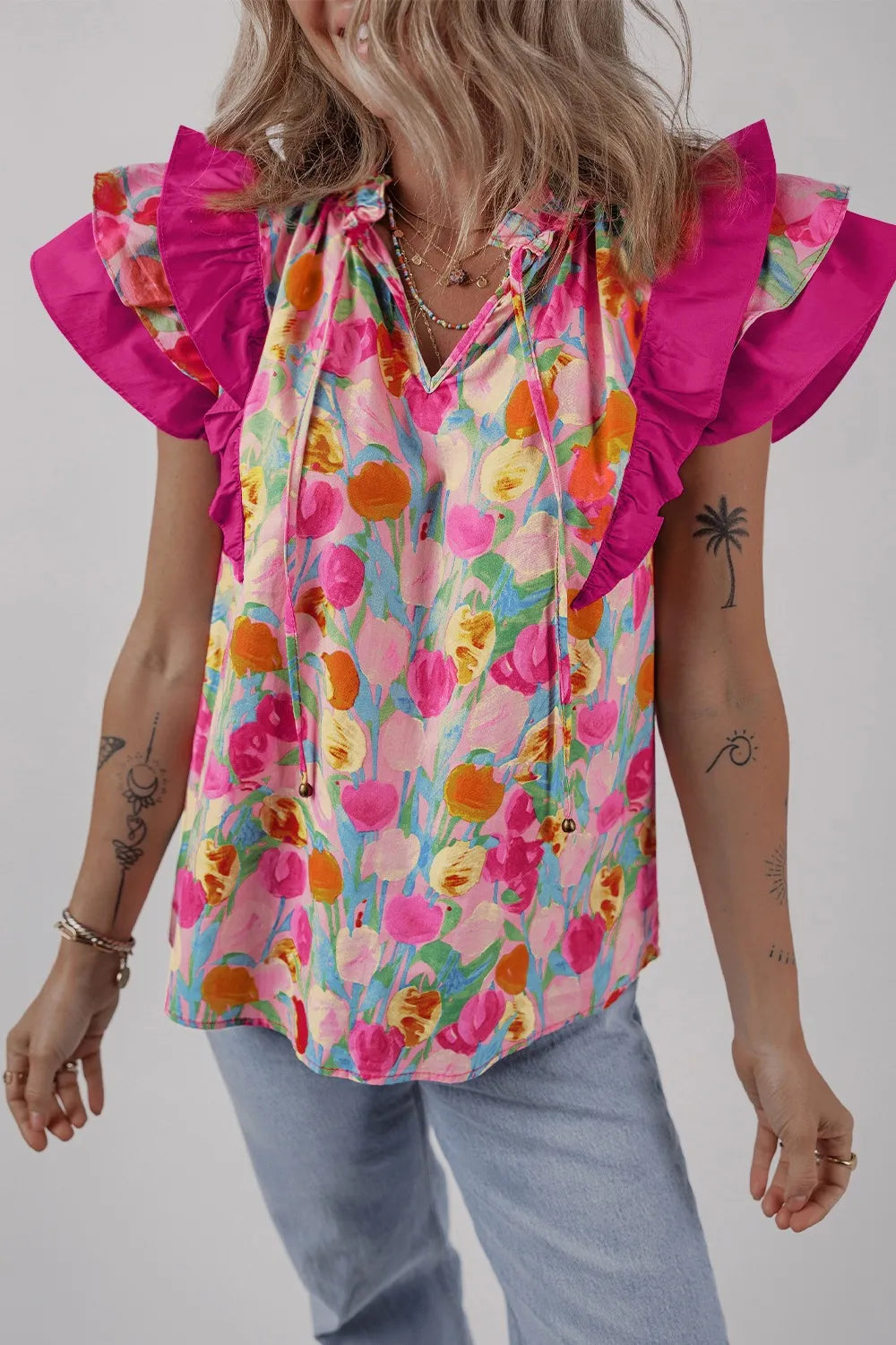 Floral Ruffle Layered Sleeve Blouse Trendsi
