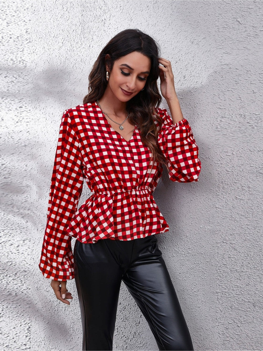 Women Plaid V-Neck Balloon Sleeve Peplum Blouse nicholesgifts