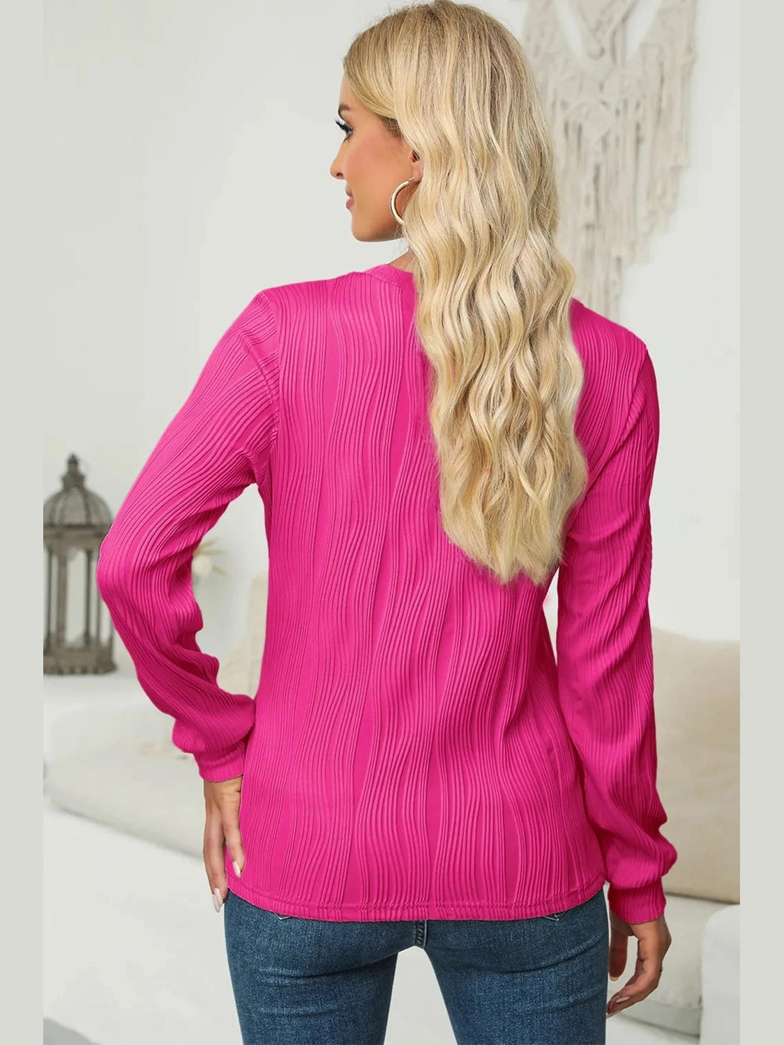 Textured Round Neck Long Sleeve Blouse NicholesGifts