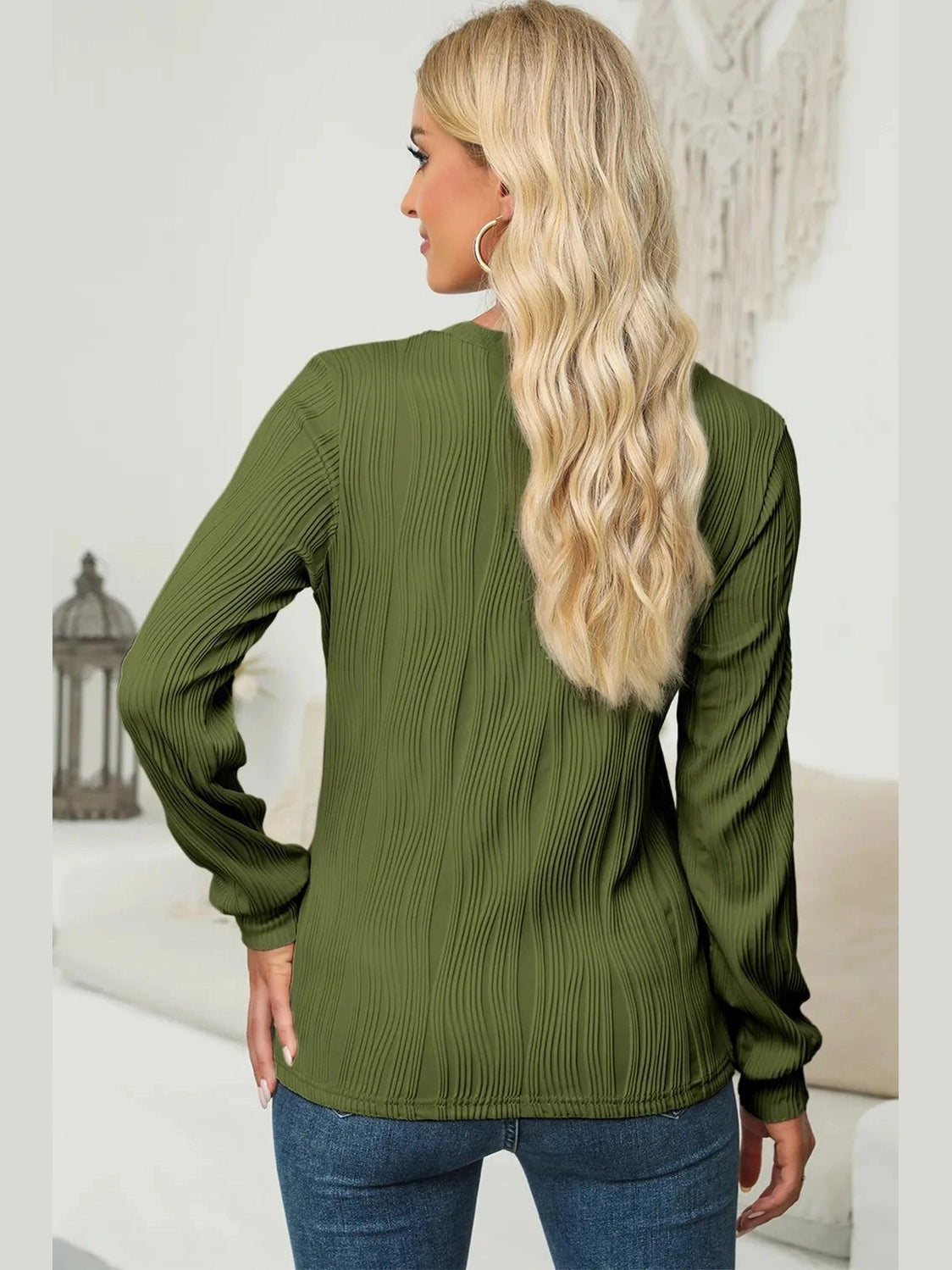 Textured Round Neck Long Sleeve Blouse NicholesGifts
