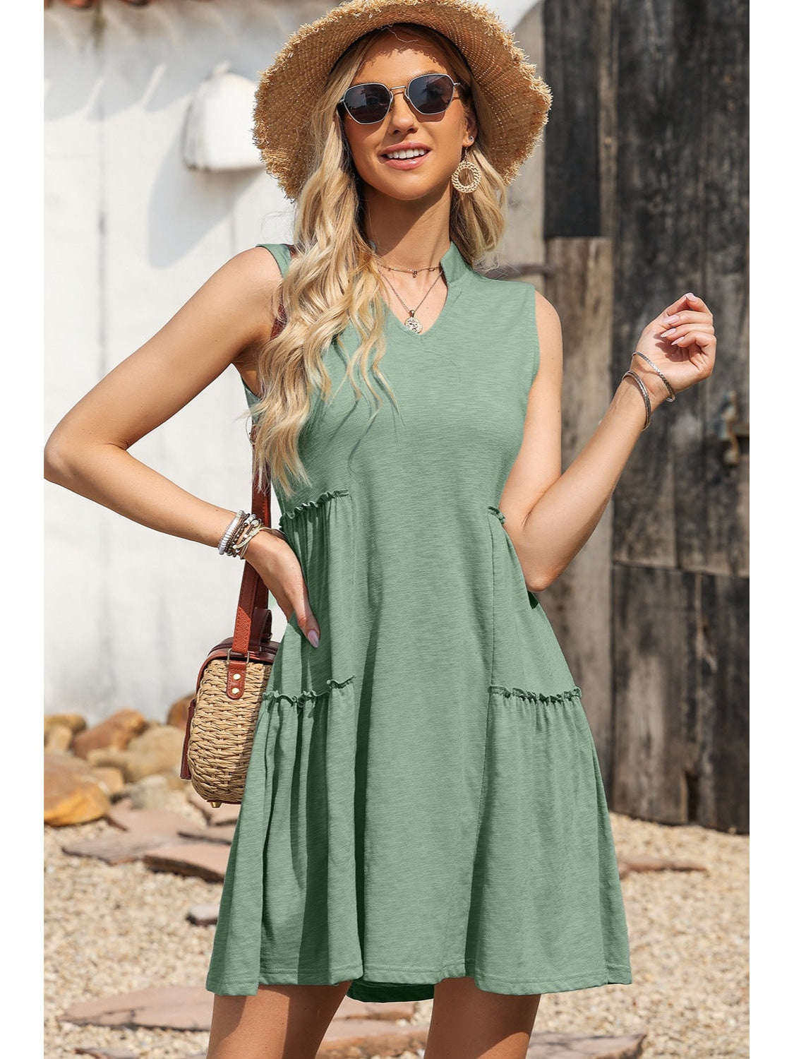 Women Frill Notched Sleeveless Mini Dress nicholesgifts