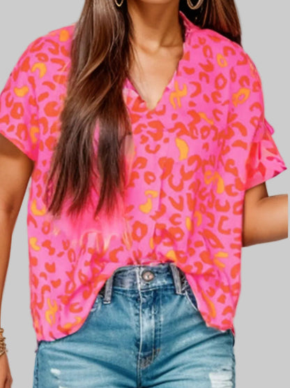 Printed V-Neck Cap Sleeve Blouse nicholesgifts