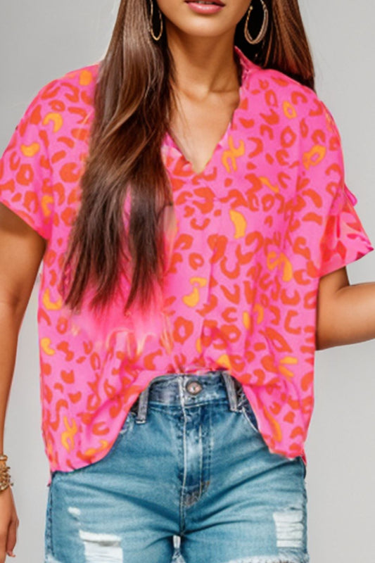 Printed V-Neck Cap Sleeve Blouse nicholesgifts