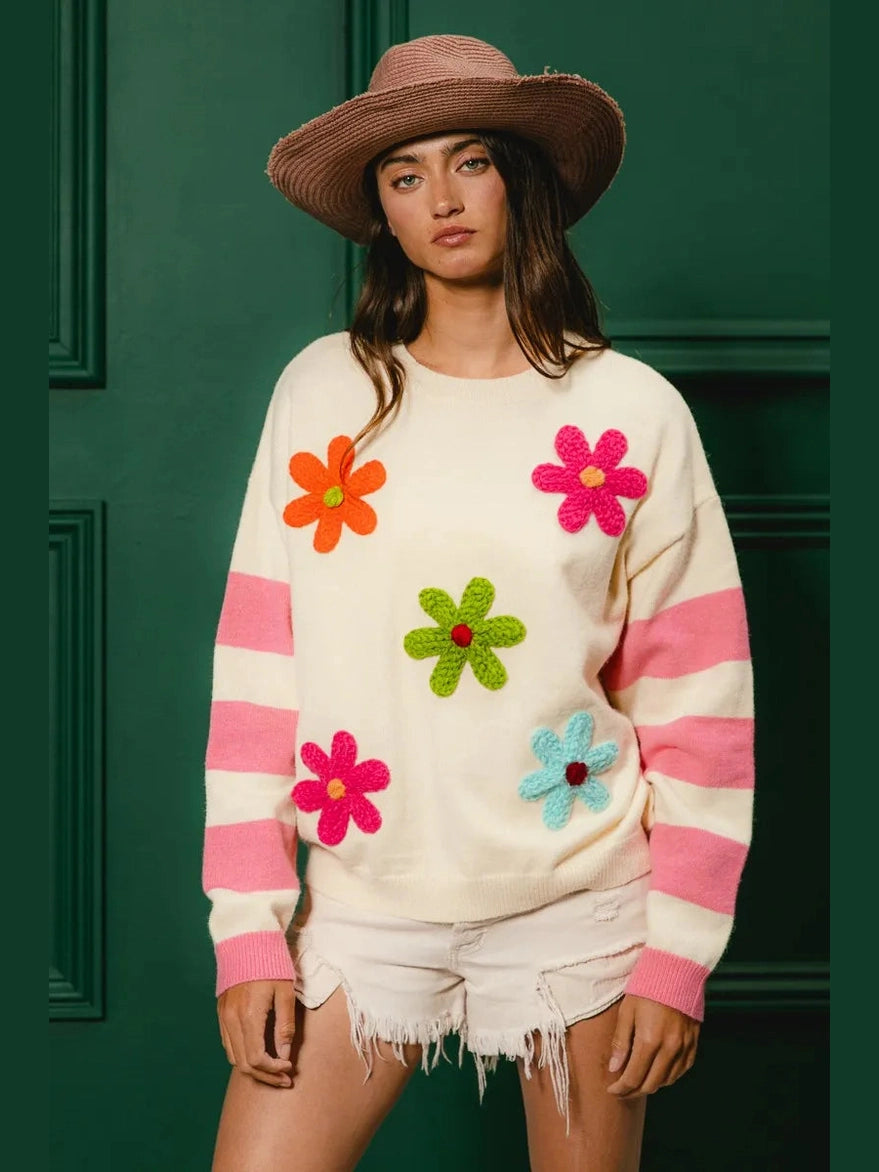 BiBi Colorful Floral Patched Sweater with Striped Sleeve Trendsi