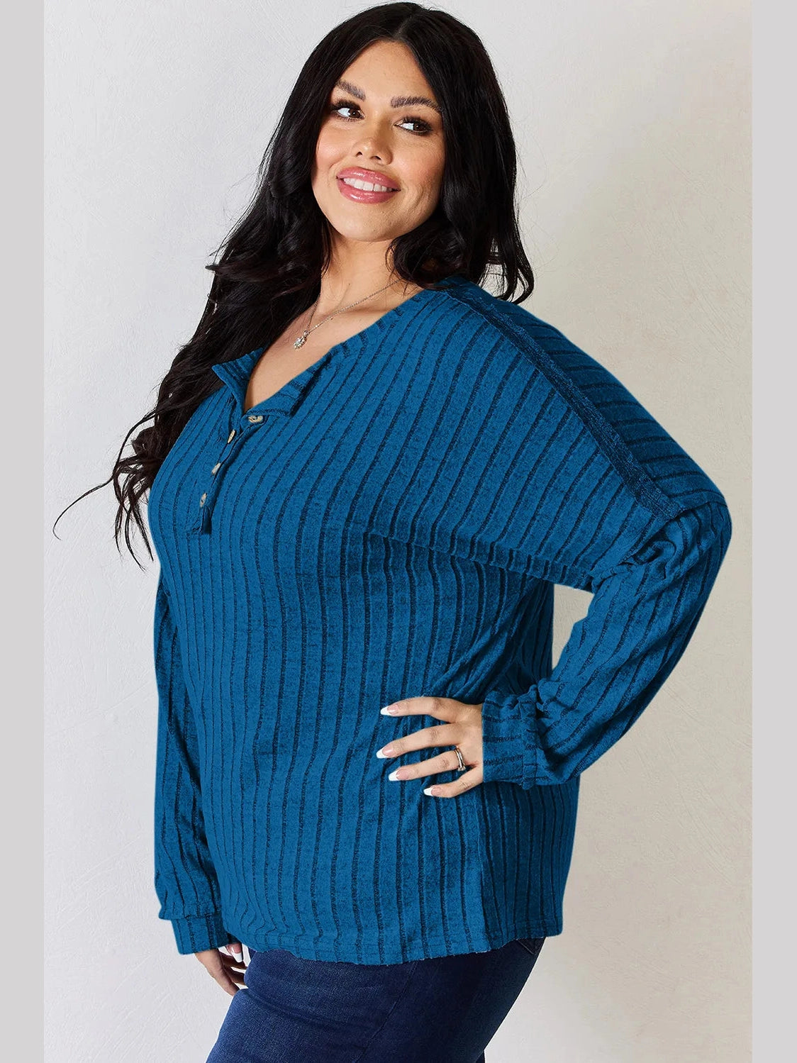 Basic Bae Full Size Ribbed Half Button Long Sleeve T-Shirt nicholesgifts