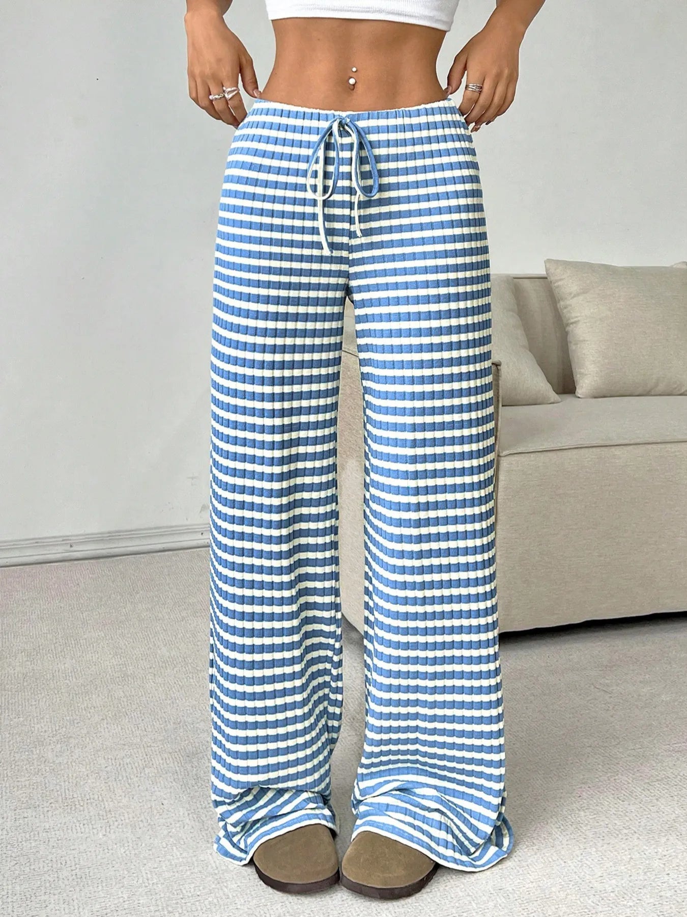 Women Striped Wide Leg Drawstring Pants nicholesgifts