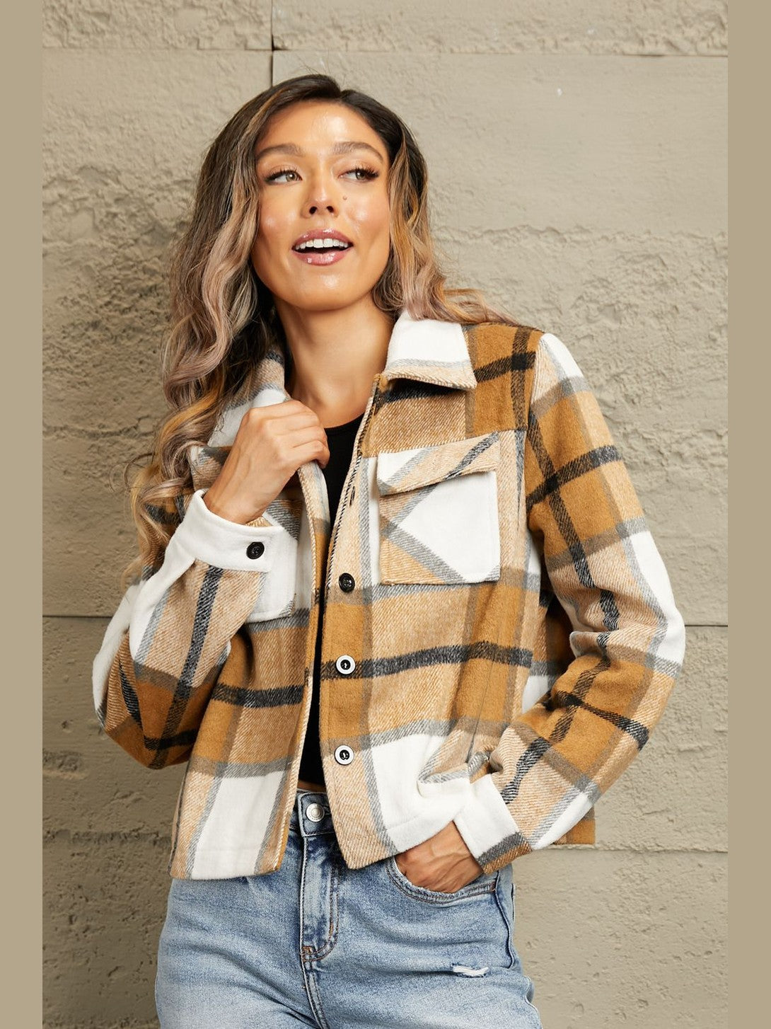 Plaid Collared Neck Jacket with Breast Pockets nicholesgifts