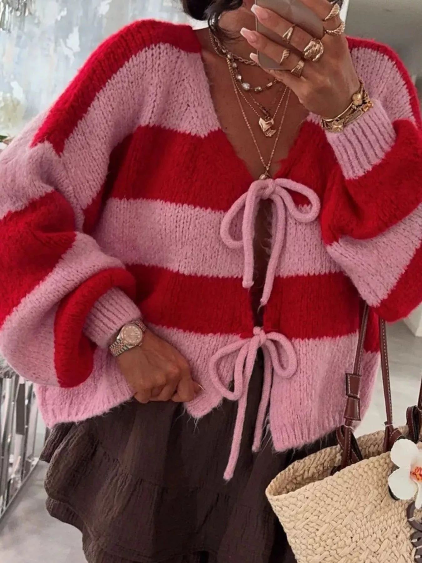 Striped Tie-Front Knit Cardigan Trendsi