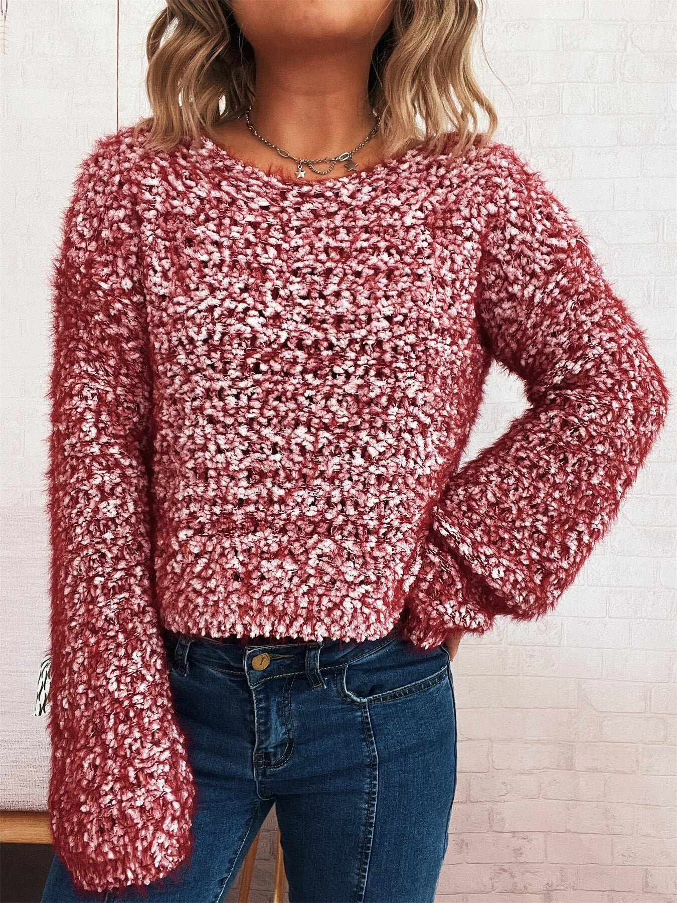 Crochet Round Neck Dropped Shoulder Sweater