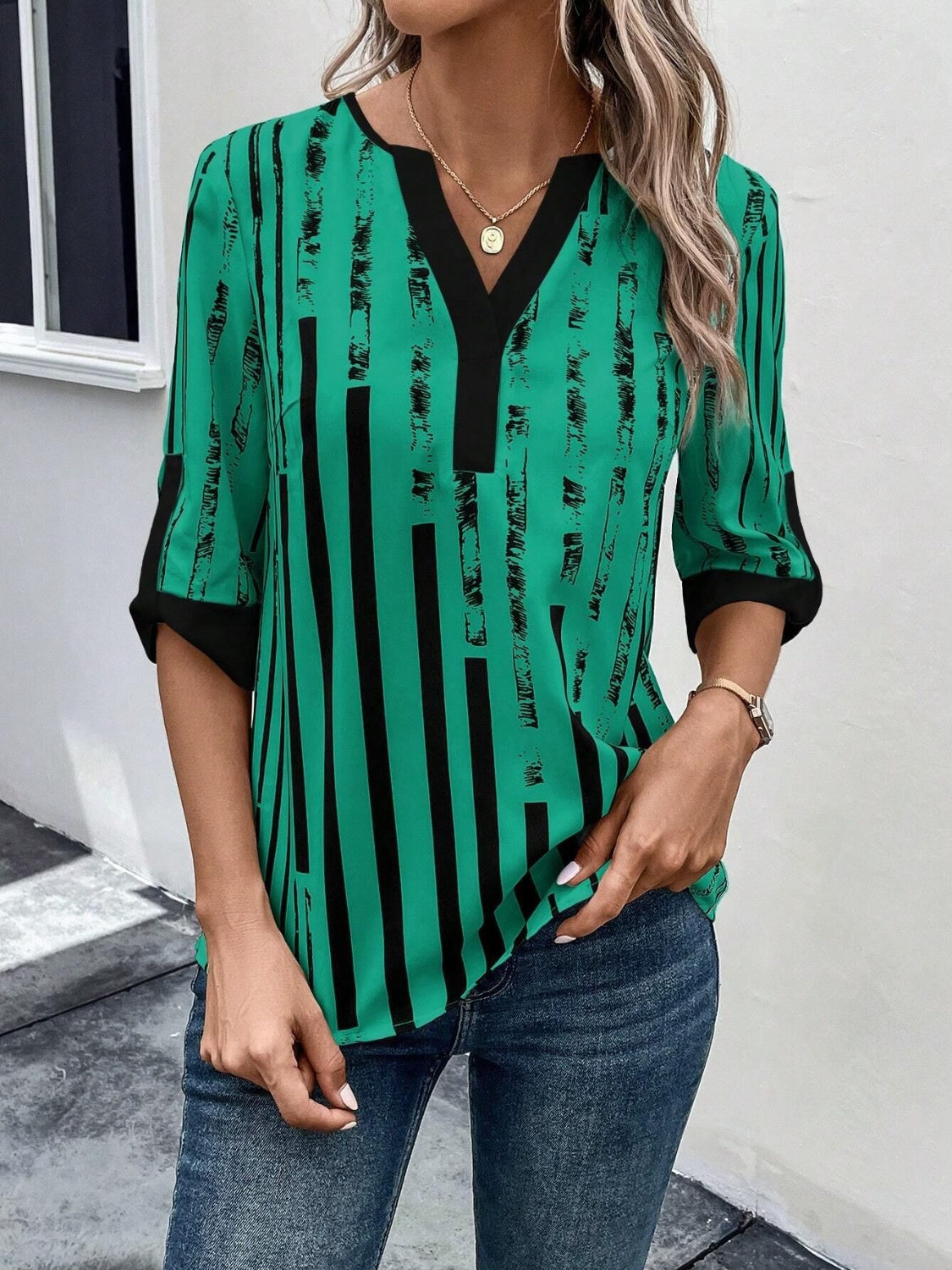 Striped Notched Half Sleeve Blouse nicholesgifts