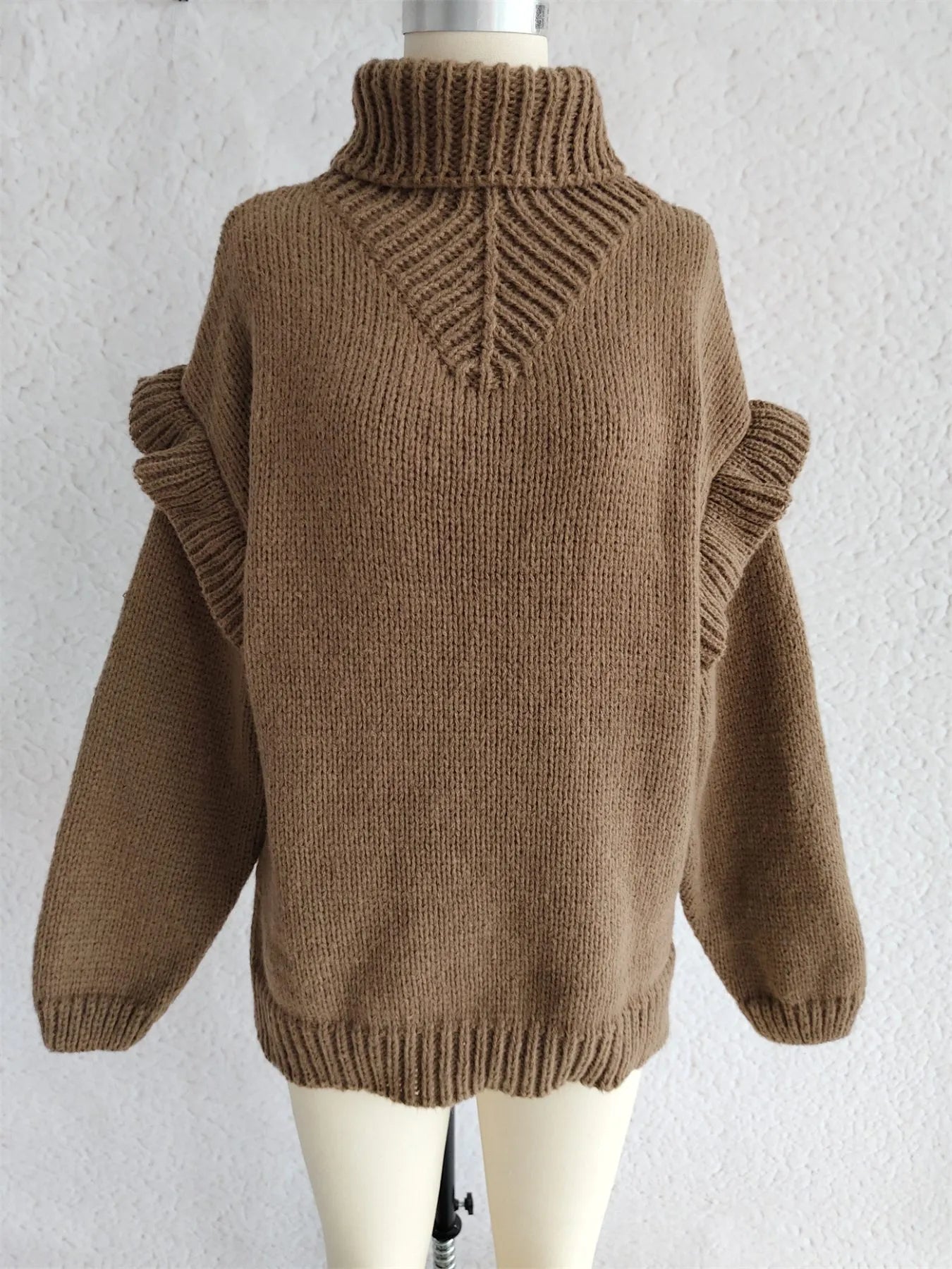 Women Ruffled Turtleneck Long Sleeve Sweater