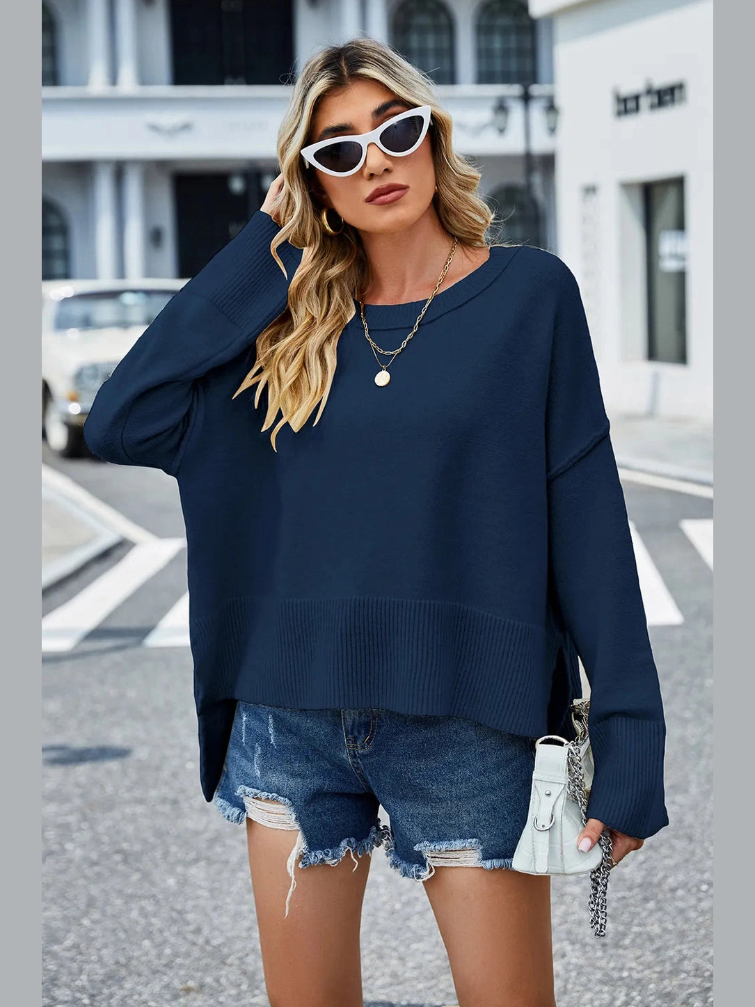 High-Low Slit Round Neck Long Sleeve Sweater nicholesgifts