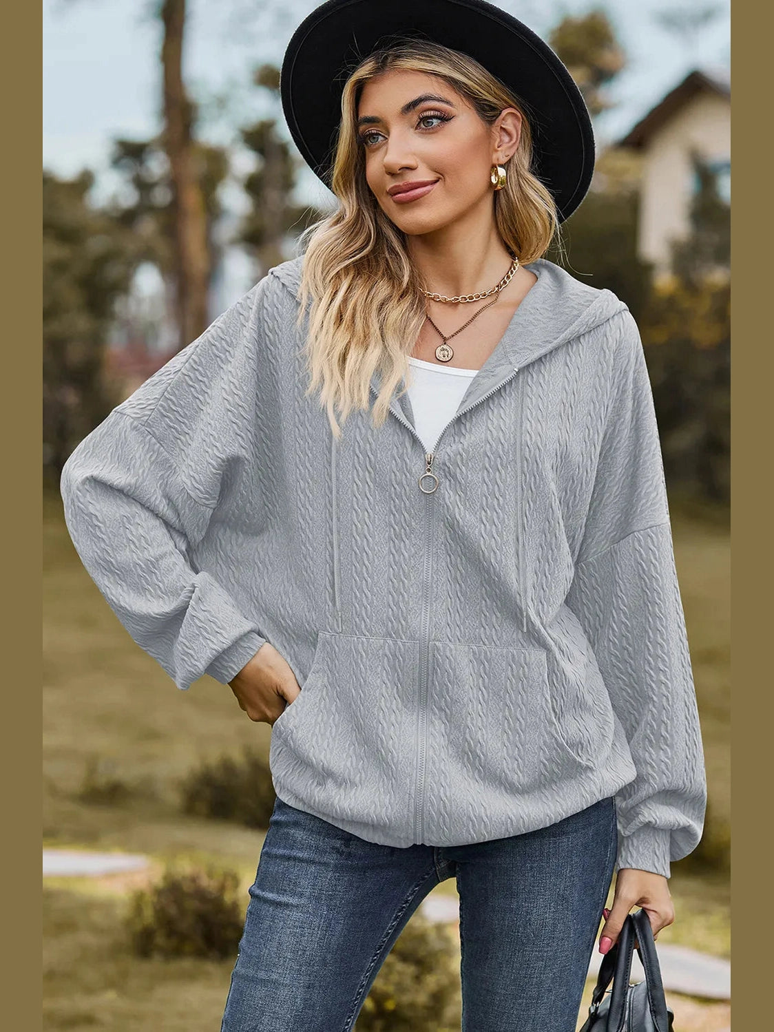 Drawstring Zip Up Dropped Shoulder Hoodie nicholesgifts