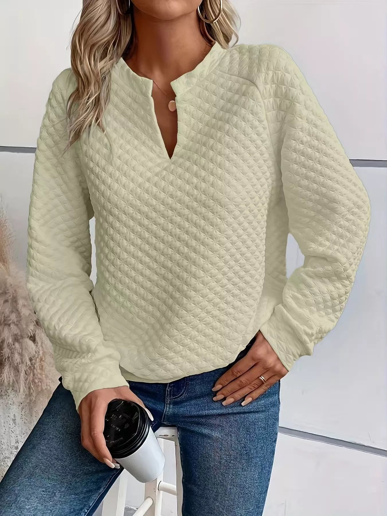 Notched Raglan Sleeve Sweatshirt Trendsi