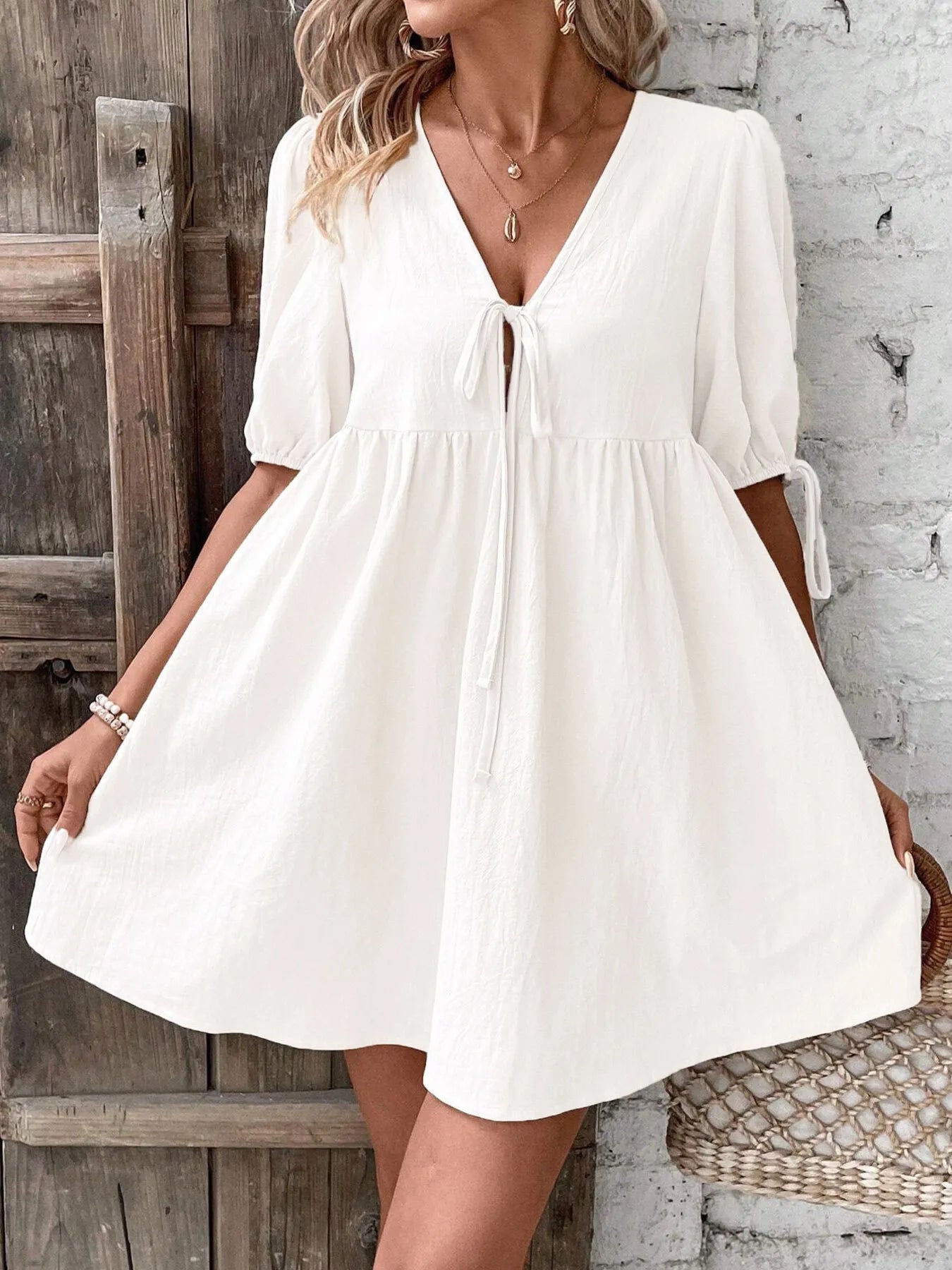 V-Neck Tie-Front Mini Dress with Puff Sleeves NicholesGifts