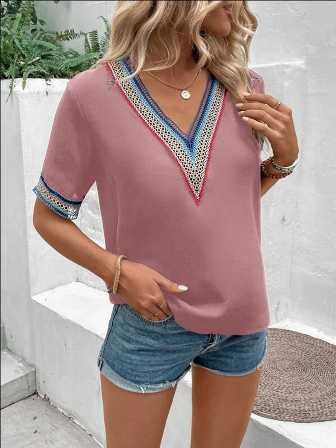 Full Size V-Neck Short Sleeve Blouse nicholesgifts