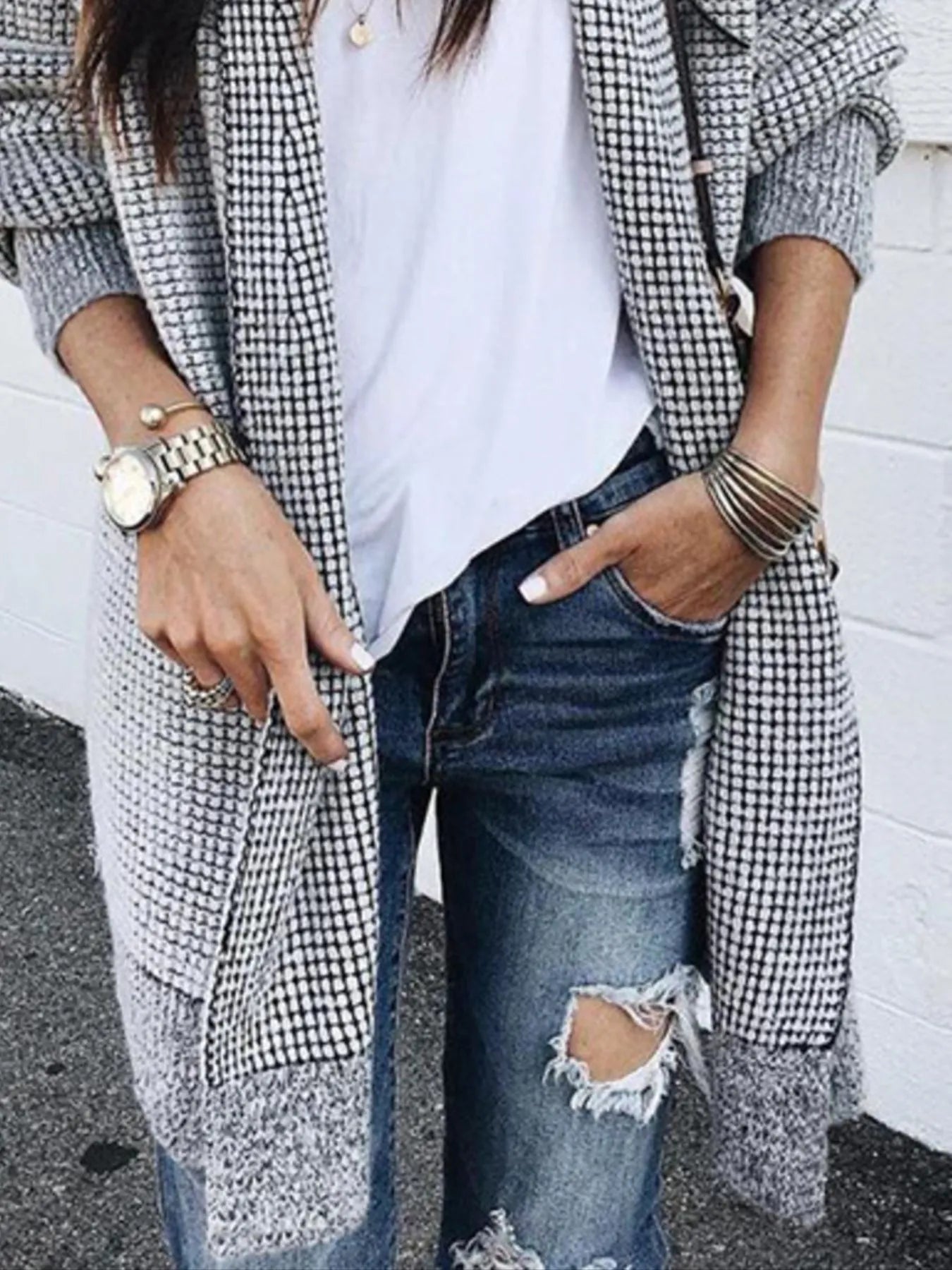 Contrast Plaid Longline Cardigan with Ribbed Trim