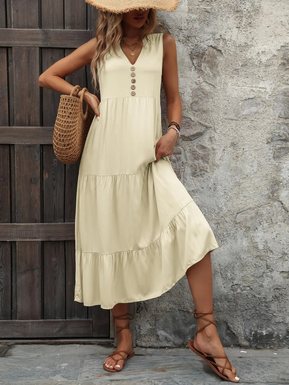 Ivy Lane Decorative Button Notched Sleeveless Dress Trendsi