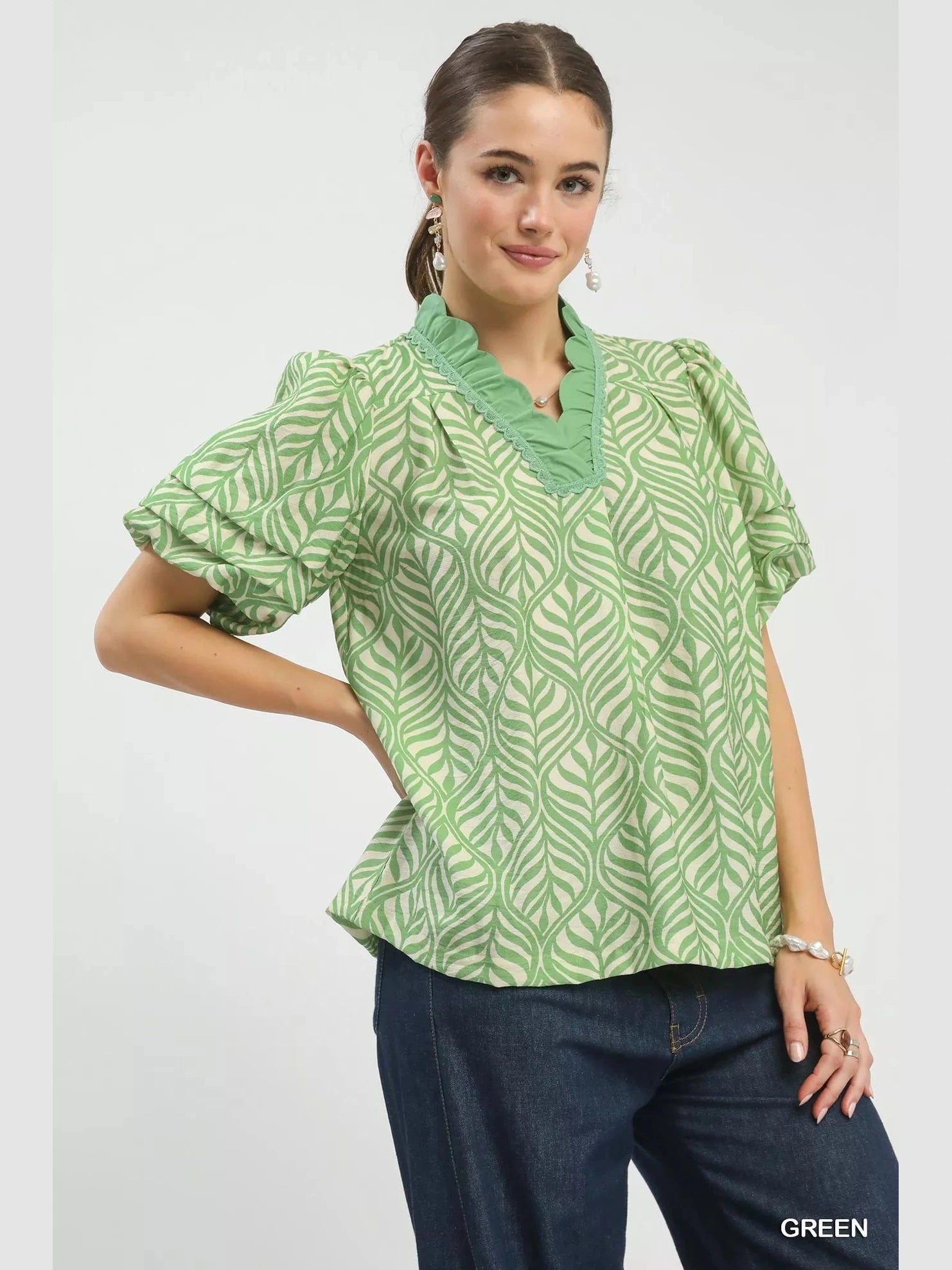 Umgee Printed Puff Sleeve Ruffle Neck Top Trendsi