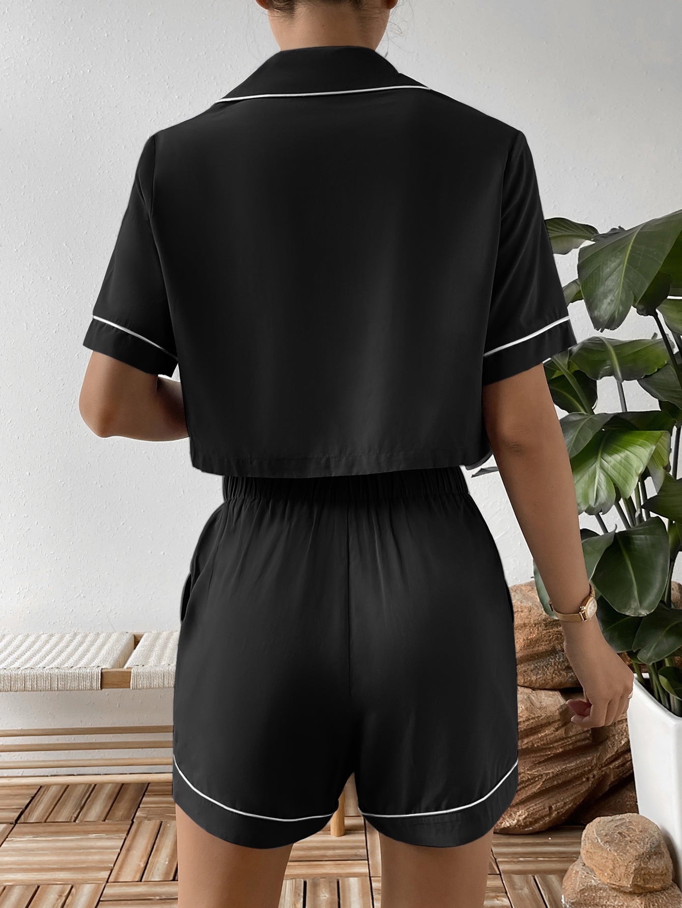 Ivy Lane Contrast Lapel Collar Cropped Shirt and Shorts Lounge Set nicholesgifts