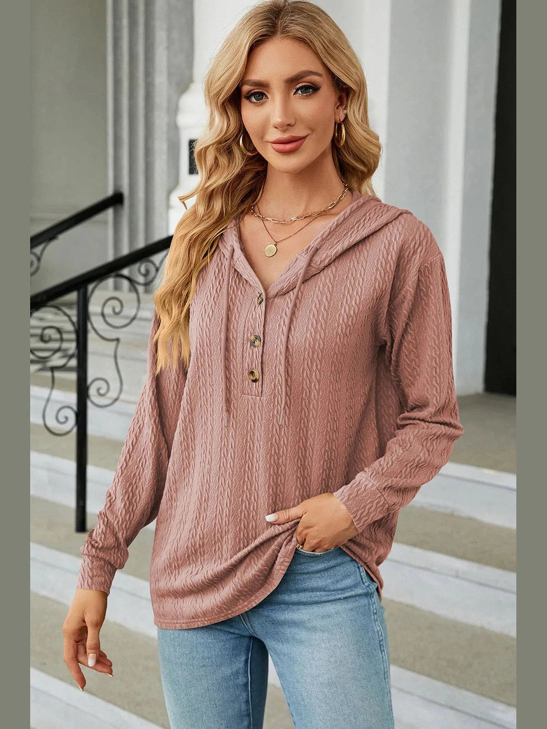 Drawstring Half Button Long Sleeve Hoodie nicholesgifts