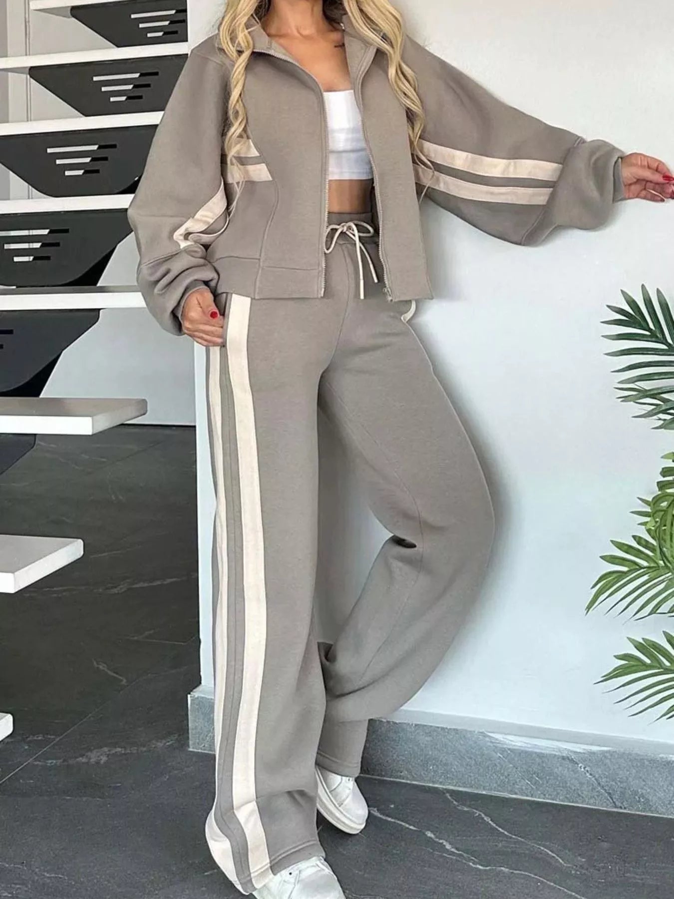 Full Size Contrast Stripe Zip Up Jacket and Pants Set Plus Size nicholesgifts