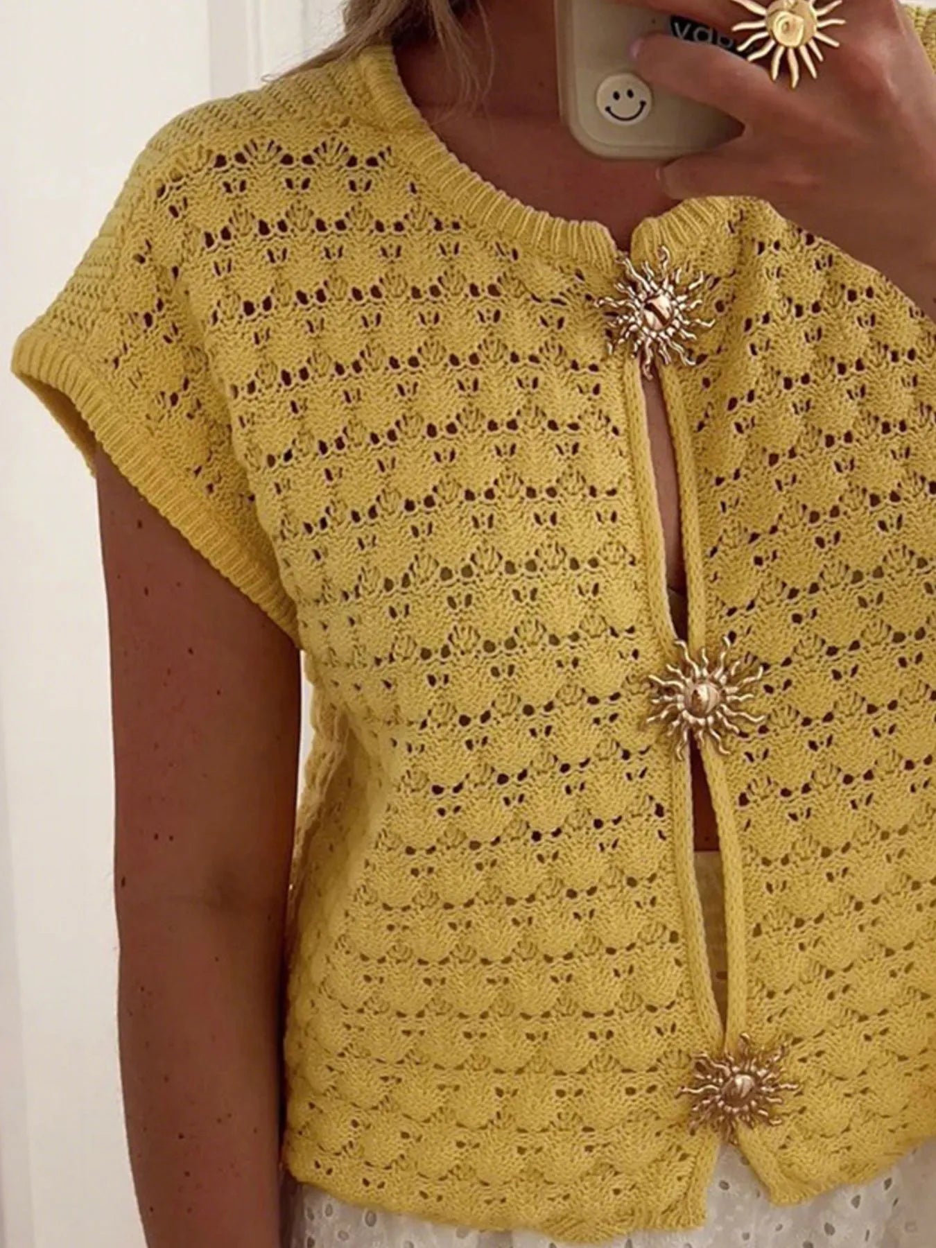 Crochet Short Sleeve Button Front Cardigan