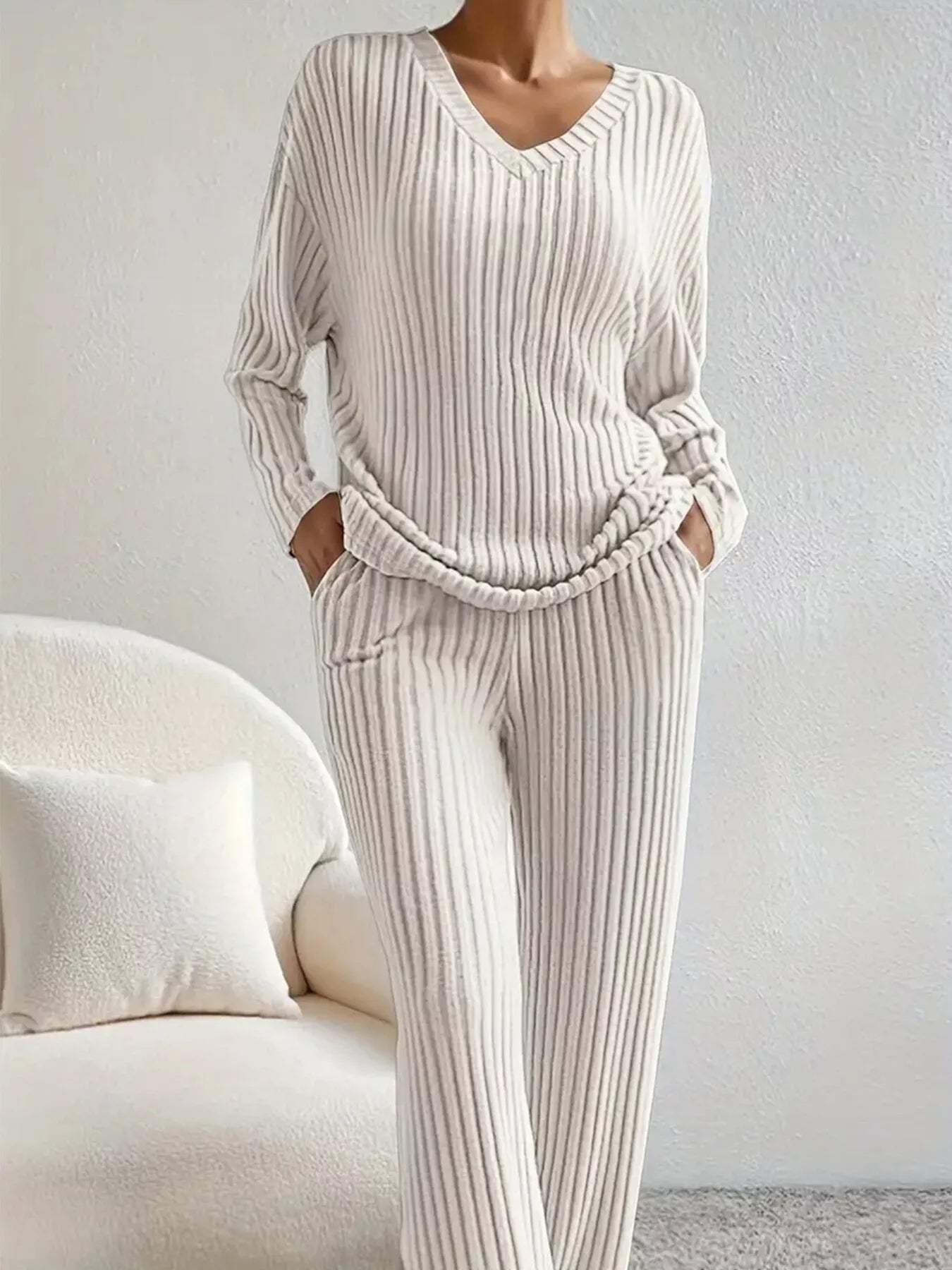 Ribbed Knit V-Neck Top and Pants Set nicholesgifts
