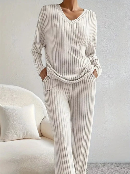 Ribbed Knit V-Neck Top and Pants Set nicholesgifts