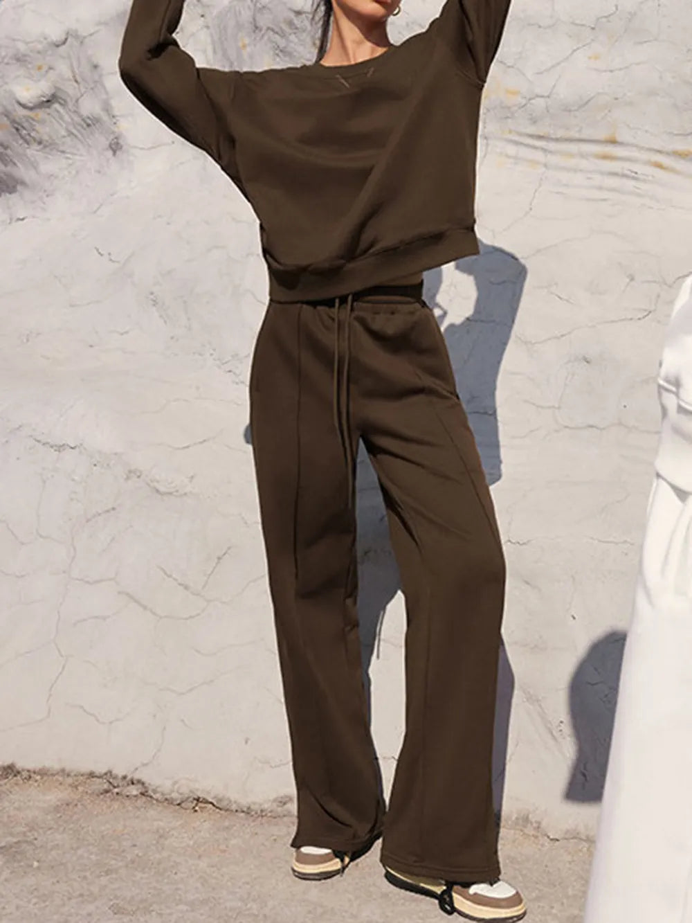 Round Neck Long Sleeve Top and Elastic Waist Pants Set nicholesgifts