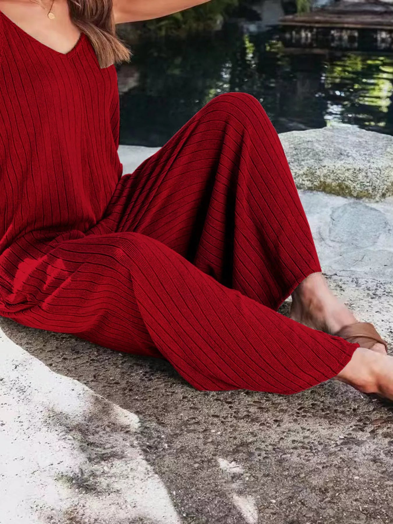 Ribbed V-Neck Wide Leg Jumpsuit nicholesgifts