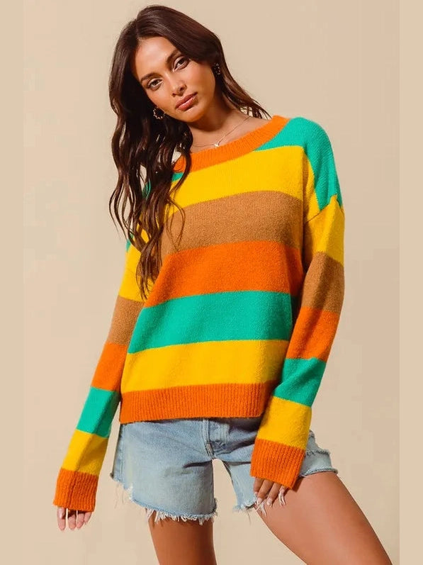 SO ME Multi Color Stripe Sweater with Ribbed Detail Trendsi