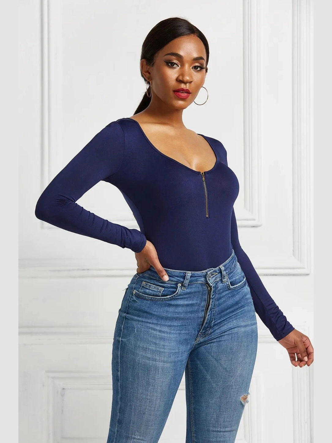 Half Zip Scoop Neck Long Sleeve Bodysuit nicholesgifts