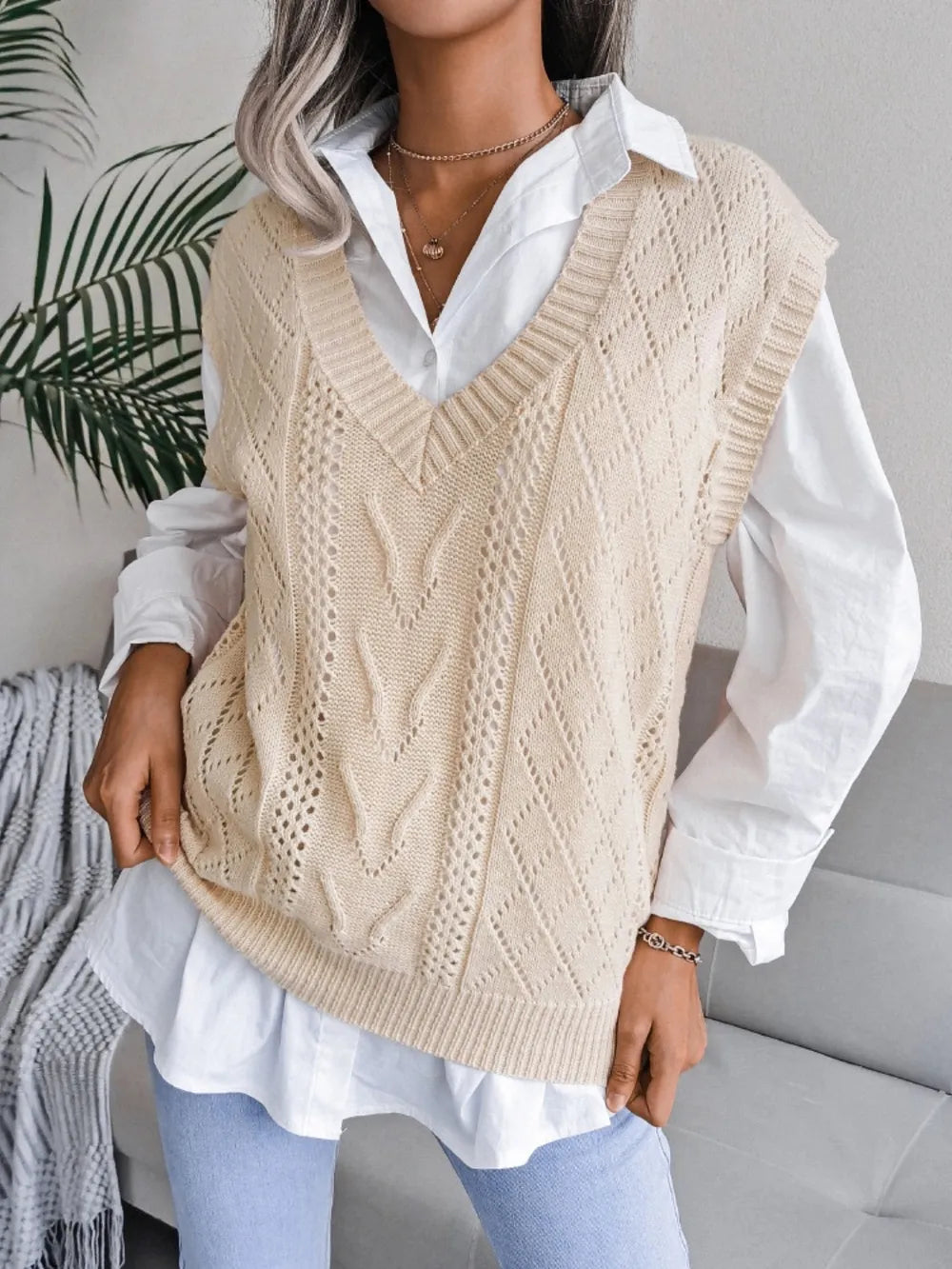 Openwork V-Neck Sweater Vest nicholesgifts