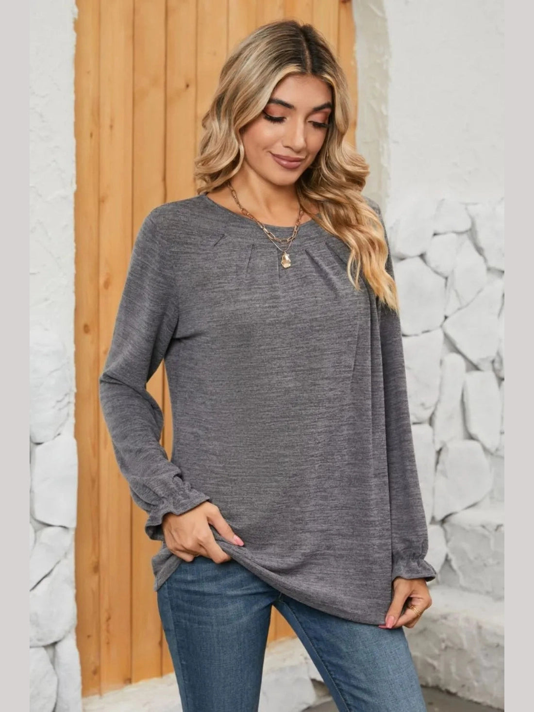 Ruched Round Neck Flounce Sleeve T-Shirt NicholesGifts