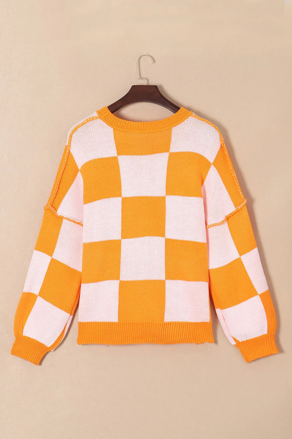 Women Pumpkin Checkered Round Neck Long Sleeve Halloween Sweater