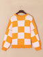 Women Halloween Spirit Pumpkin Checkered Round Neck Long Sleeve Sweater nicholesgifts