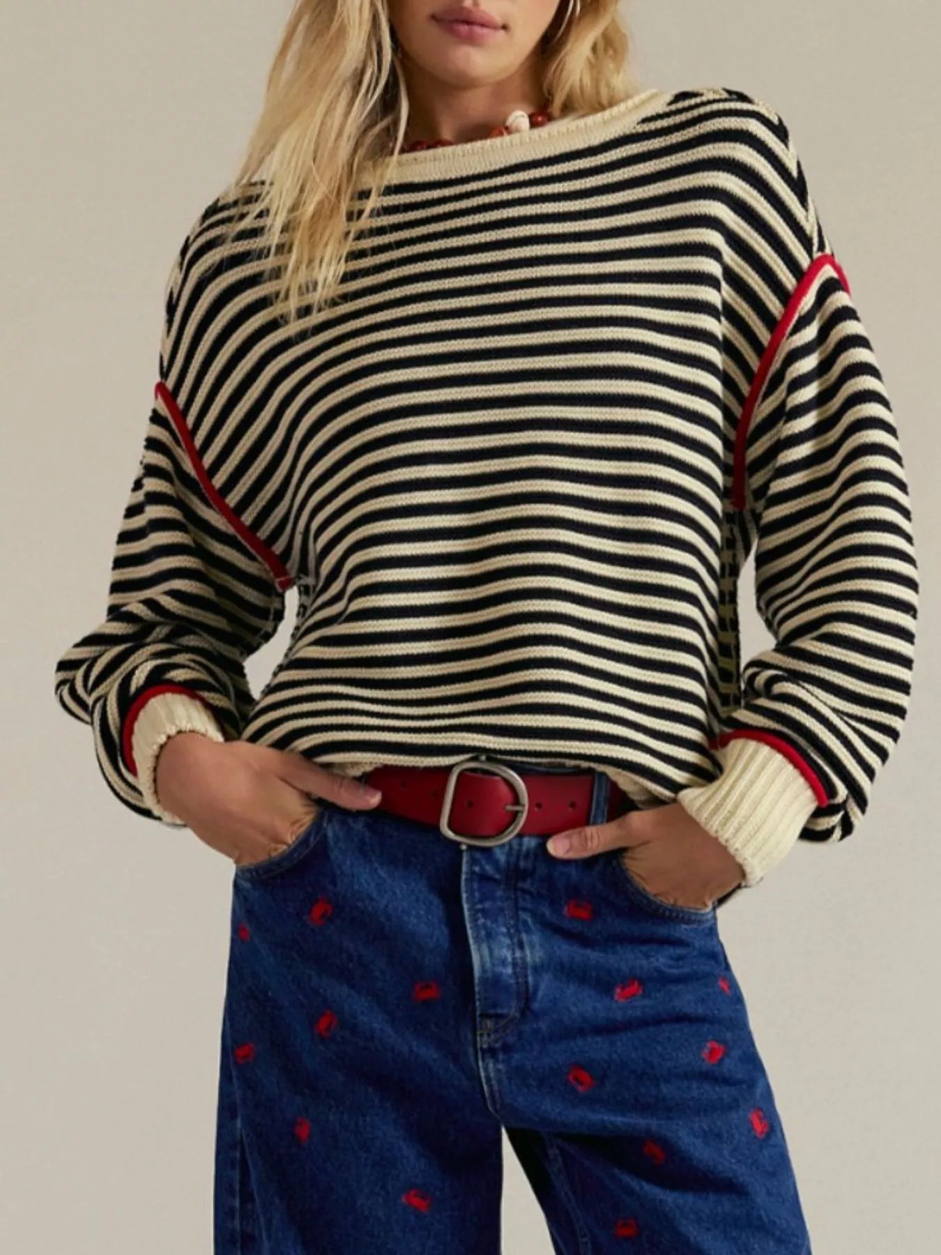Striped Round Neck Long Sleeve Sweater Trendsi