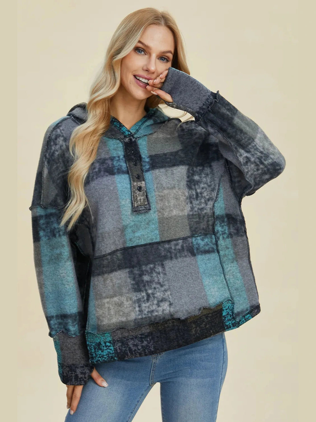 Double Take Full Size Plaid Dropped Shoulder Fleece Hoodie Trendsi