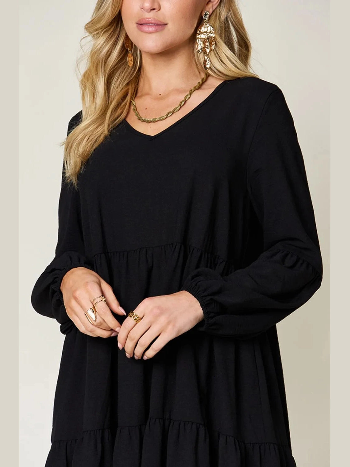 Double Take Full Size V-Neck Balloon Sleeve Tiered Dress with Pockets nicholesgifts