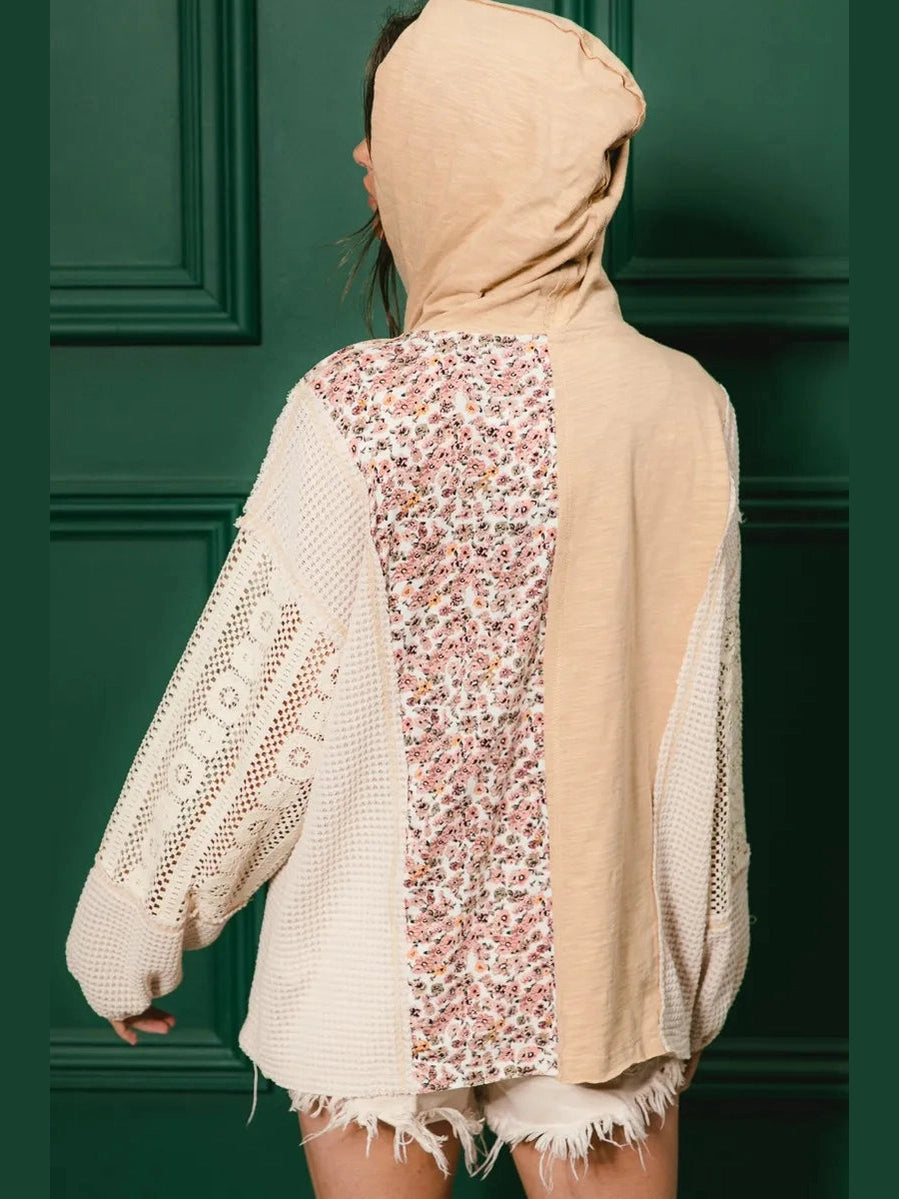 BiBi Slub Jersey with Lace Combo Buttoned Hoodie Top