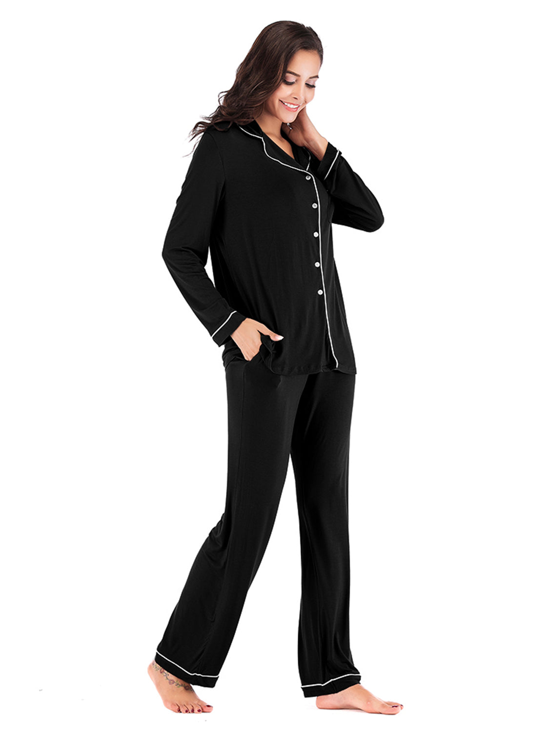 Collared Neck Long Sleeve Loungewear Set with Pockets nicholesgifts