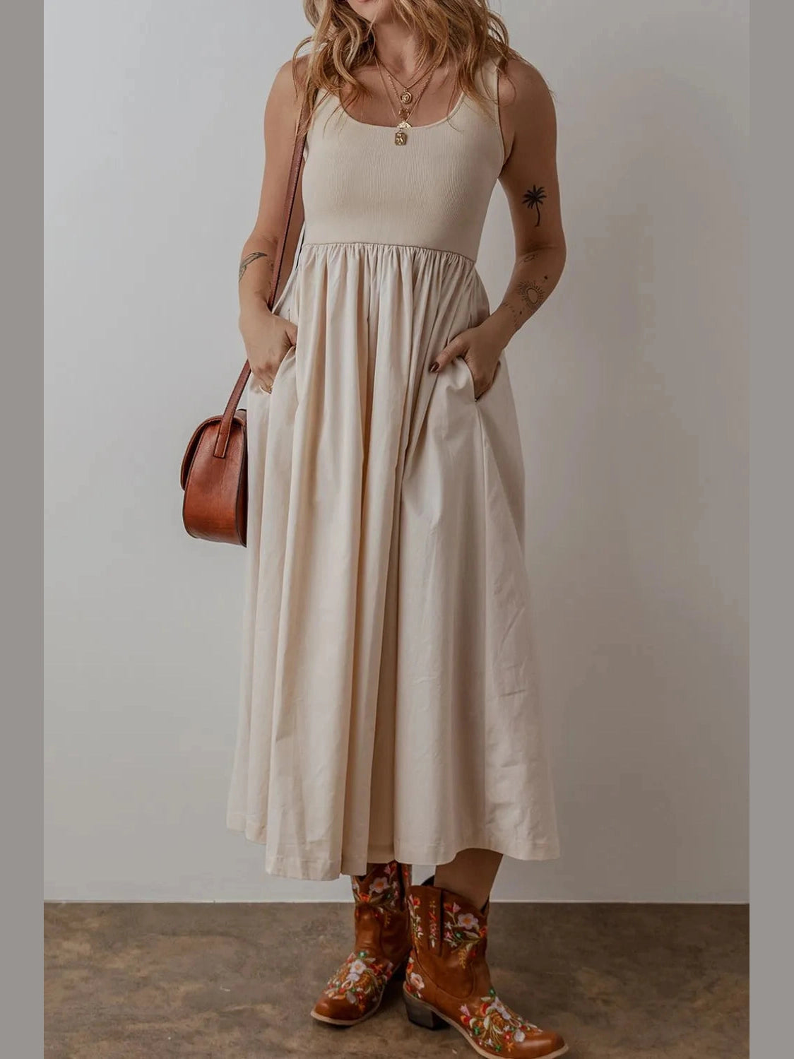 Scoop Neck Ribbed Bodice Sleeveless Midi Tank Dress NicholesGifts