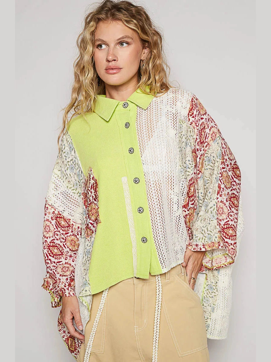 POL Thermal and Crochet Lace Mix Shirt with Floral Pattern NicholesGifts