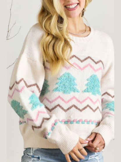 Christmas Tree Ribbed Hem Dropped Shoulder Sweater nicholesgifts