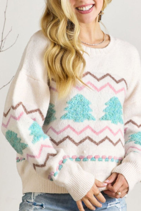 Christmas Tree Ribbed Hem Dropped Shoulder Sweater NicholesGifts