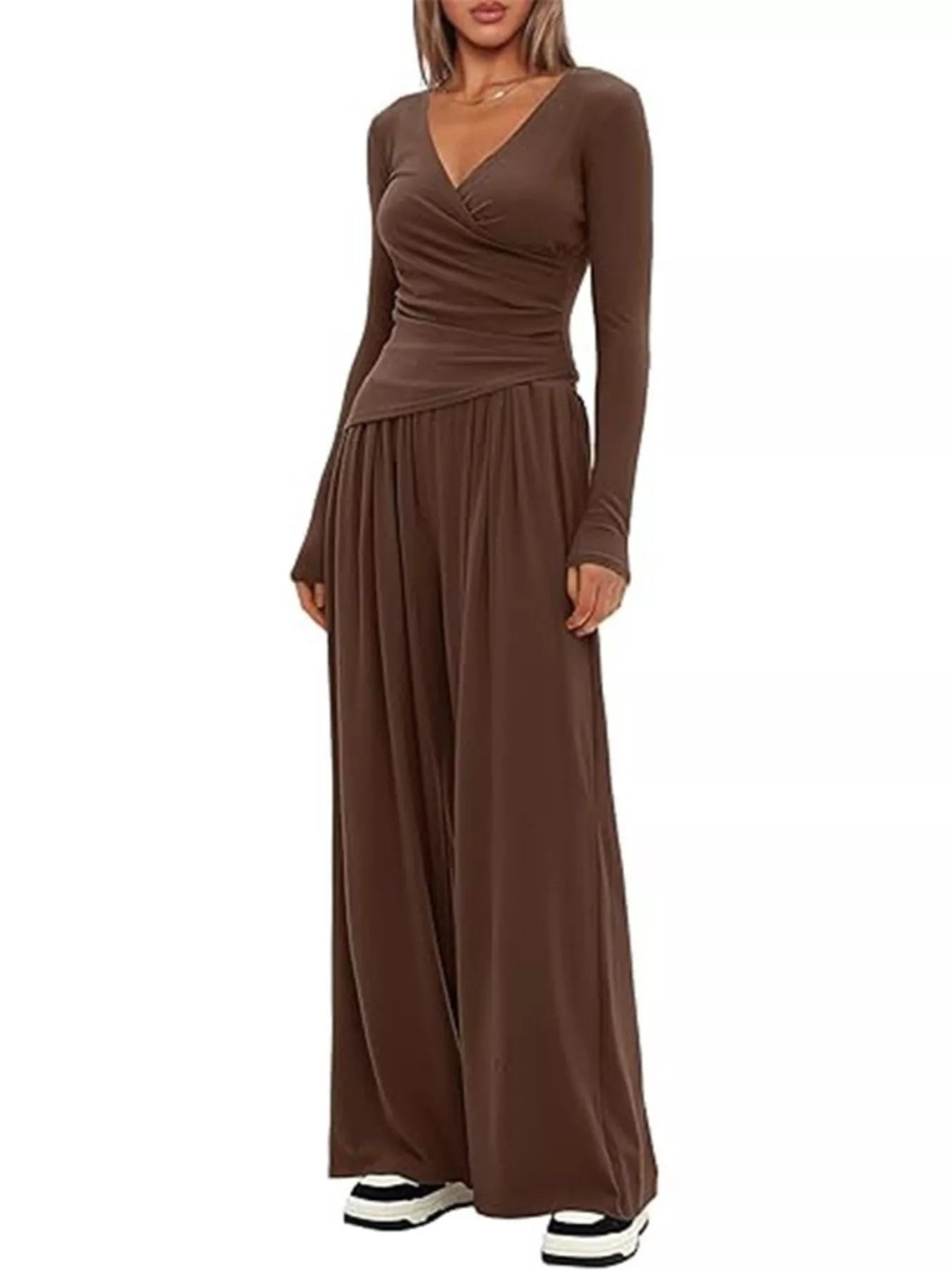 Casual Long Sleeve Top and Wide Leg Pants Set nicholesgifts
