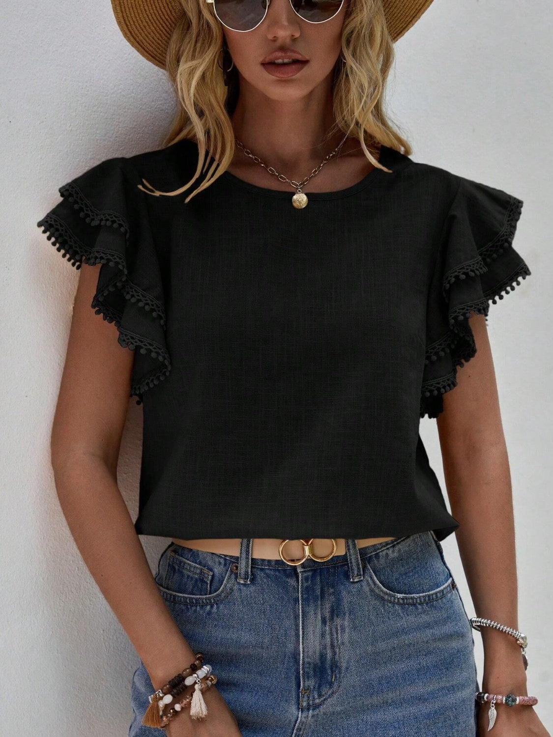 Ruffled Cap Sleeve Round Neck Blouse nicholesgifts