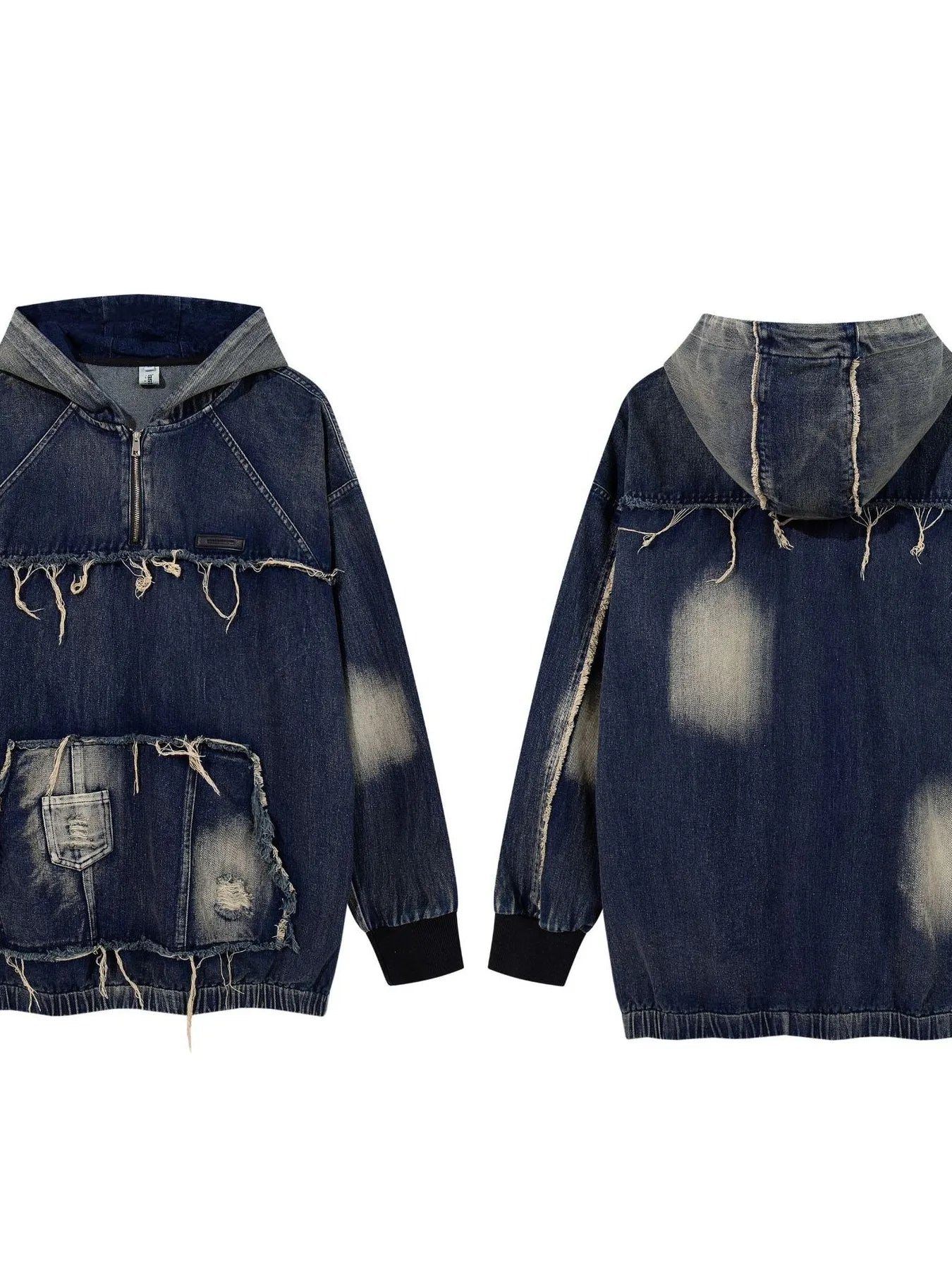 Men's Distressed Denim Patchwork Oversized Hoodie with Frayed Details NicholesGifts